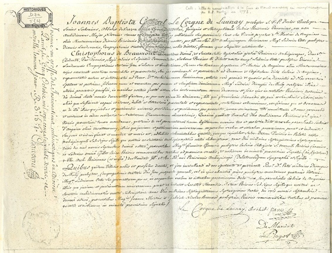 Lettre de nomination de Louis Cotte à la cure de Montmorency, 1773, Musée Jean-Jacques Rousseau, Montmorency.
