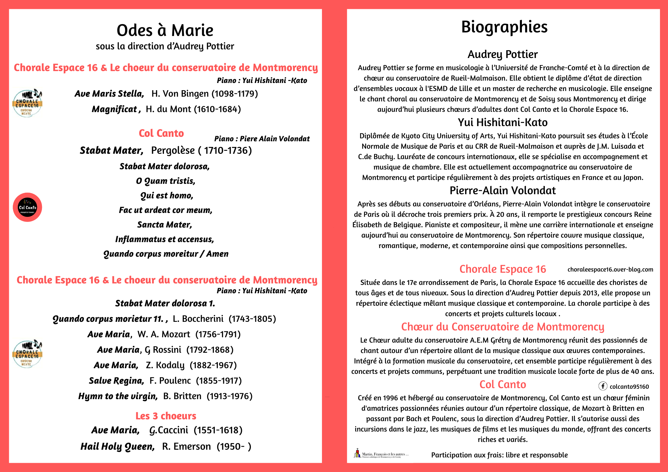 Programme concert Odes à Marie